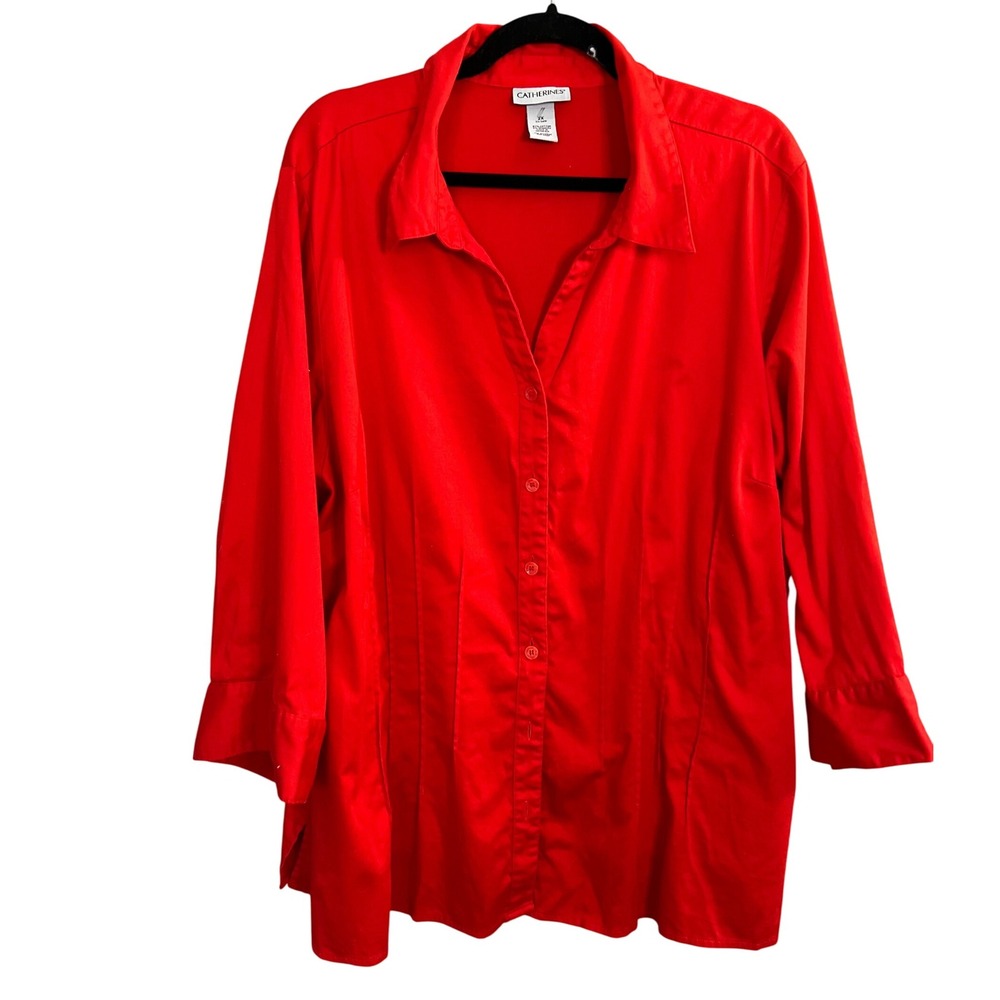 Catherine's Cotton Blend Shirt Blouse 2X Long Sleeve Button Office Smart Casual